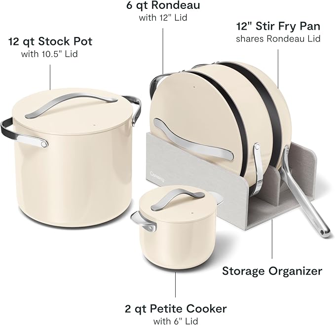 Caraway 24-Piece Nonstick Ceramic Cookware Set - Includes Fry Pans, Sauce, Sauté Pan, Dutch Oven, Petite Cooker, Stir Fry, Rondeau, Stock Pot, Lids & Storage Organizers - Cream