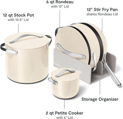 Caraway 24-Piece Nonstick Ceramic Cookware Set - Includes Fry Pans, Sauce, Sauté Pan, Dutch Oven, Petite Cooker, Stir Fry, Rondeau, Stock Pot, Lids & Storage Organizers - Cream