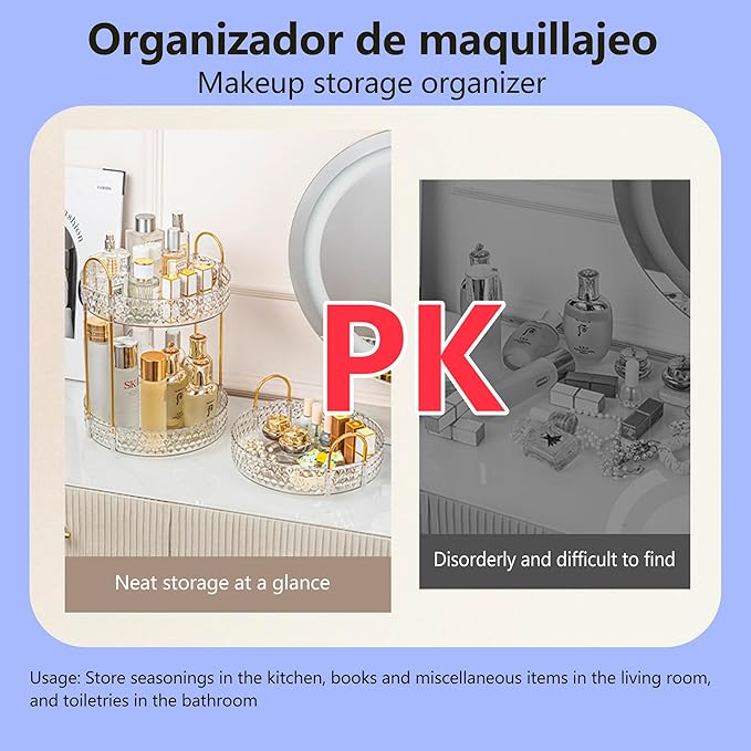 Gold Rotating Makeup Organizer for Vanity, 2-Tier Large Capacity Perfume & Skincare Organizer with Brush Holder, 360° Bathroom Countertop Organizer for Cosmetics, Jewelry & Hair Products