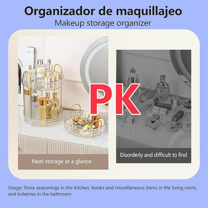 Gold Rotating Makeup Organizer for Vanity, 2-Tier Large Capacity Perfume & Skincare Organizer with Brush Holder, 360° Bathroom Countertop Organizer for Cosmetics, Jewelry & Hair Products