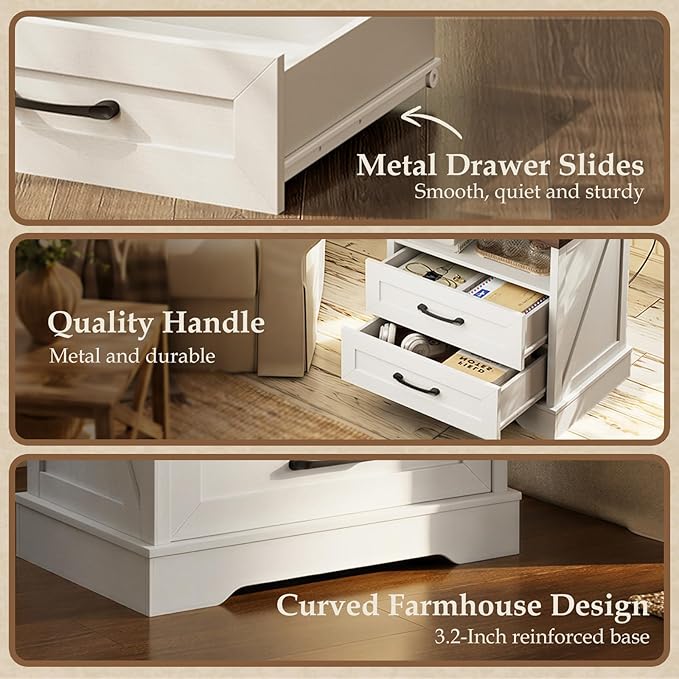 AODK 24 Inch Farmhouse Nightstand with Charging Station, Wood Bedside Table with 2 Drawers and Open Shelf, Rustic End Table with Outlet and USB, White & Dark Walnut