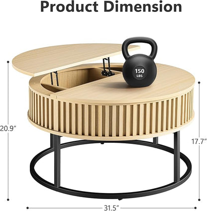 Round Coffee Table with Lift Top - Fluted Wood Center Coffee Tables for Living Room, Lifting Up for Dining, Large Hidden Circle Storage Compartment for Small Spaces, Mid Century Modern