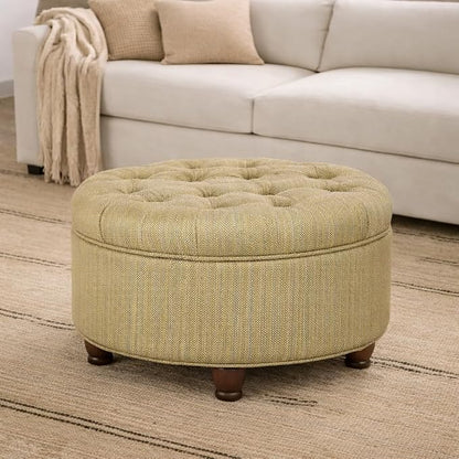 Homepop Home Decor |N8264-F1077 | Button Tufted Woven Round Storage Ottoman | Ottoman with Storage for Living Room & Bedroom, Tan & Cream Tweed