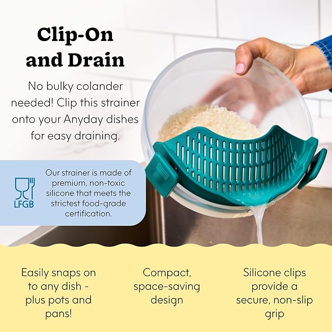 Anyday Silicone Clip On Strainer for Pots and Pans & Glass Dishes | Pot Strainer Silicone, Universal Clip On Pasta Strainer for Meat, Rice, & Vegetables (Black Sesame)