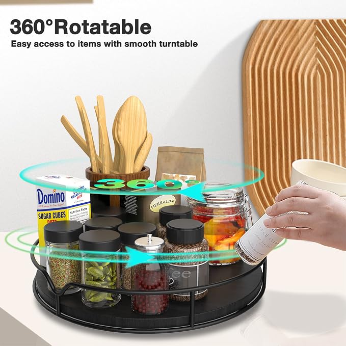 Lazy Susan Turntable Organizer with Anti-Slip Mat for Cabinet Pantry Kitchen Countertop Refrigerator Office, Pine Wood, 10", Black