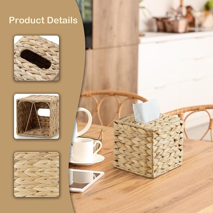 Tissue Box Cover Square, Water Hyacinth Hand-Woven Tissues Cube Box Holder, Woven Facial Tissue Holder for Bathroom Counter, Vanity, Bedroom, Office, Natural Boho Decorative