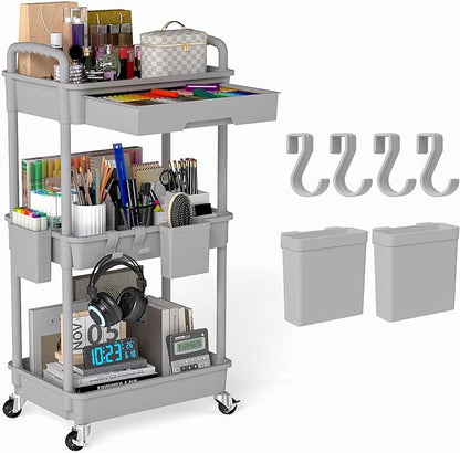 LLMRR 3 Tier Rolling Utility Cart with Drawer, Plastic Storage Organizer Rolling Carts with Wheels Handles Hanging Cups Hooks for Office, Bathroom, Kitchen,Craft Art Room (Grey)