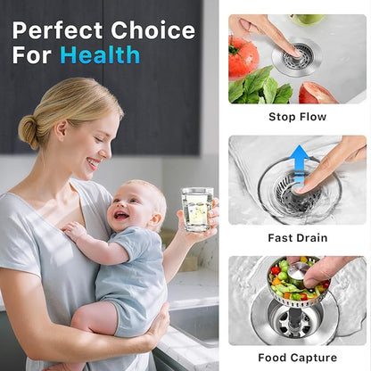 1S-Install Upgraded Kitchen Sink Strainer & Stopper – Pop-Up Fast Drain, Anti-Clog Basket & Deodorizing Cover – Fits US Standard 3.5 in Drain, 3 in 1 Stainless Steel Sink Drain Strainer (Snow)