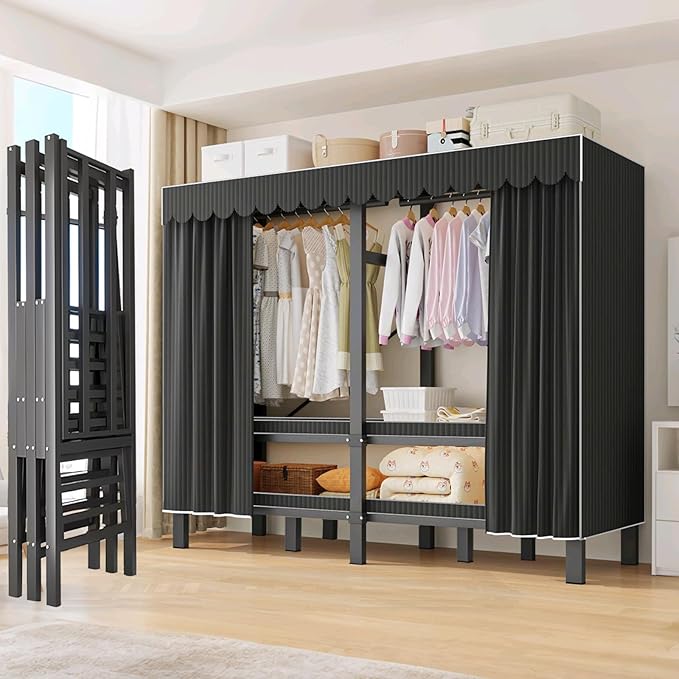 95.3in Heavy Duty Clothe Rack with Cover Load 1200lbs Foldable Portable Wardrobe Closets for Hanging Clothes Freestanding Clothing Garment Rack (Black, 95.3in/242cm)