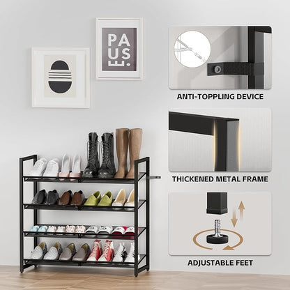 Metal Shoe Rack for Closet,entryway, 4-Tier Shoe Organizer, Adjustable Flat or Angled Shelves, Holds up to 20 Pairs Shoes, Black