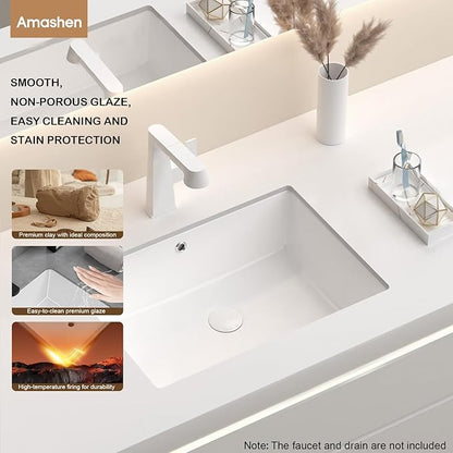 17-Inch Undermount Bathroom Sink, White Ceramic Rectangular Vanity Sink with Overflow, Modern Under Counter Lavatory Basin for Bathroom Vanity, UB-06