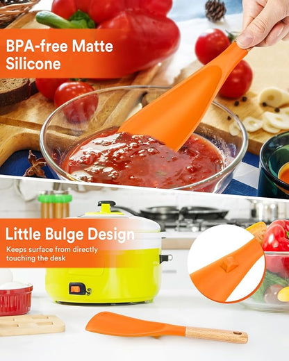 Cooking Spoon for Nonstick Cookwares, Great for Cooking and Serving Sturdy BPA-Free Matte Silicone, Wood Handle Spoon for Mixing, Scoop, and Scrape (ORANGE, 11.4 inch)