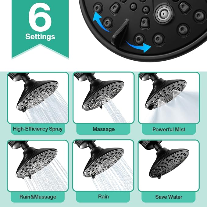 Cobbe 6-Setting High Pressure Filtered Shower Head Combo, Detachable Rain Shower Head with 20 Stage Shower Head Filter for Hard Water - Remove Chlorine and Harmful Substances, Black