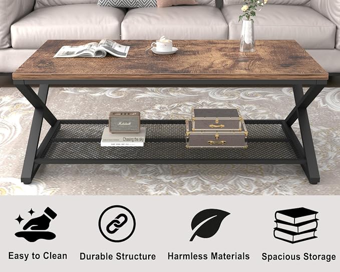 LVB Rustic Coffee Table with Storage, Industrial Wood Metal 2 Tier Center Living Room Table with Mesh Shelf, Farmhouse Wooden Low Rectangle Cocktail Tea Table for Office Bedroom, 47 inch, Rustic Brown