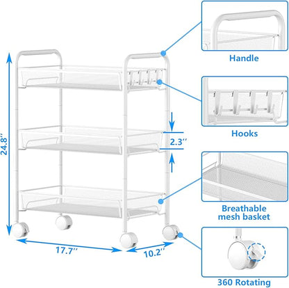 OVICAR Mesh Wire 3 Tier Rolling Cart, Kitchen Storage Utility Cart, Multifunction Basket Stand for Bathroom, Full Metal Storage Art Trolley Carts with Wheels & 4 Side Hooks (White)