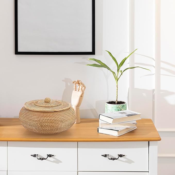 Hipiwe Round Rattan Boxes with Lid Natural Woven Storage Basket Bin Multi-Purpose Wicker Tray Weaving Decorative Shelf Basket Farmhouse Picnic Bread Fruit Table Storage Basket