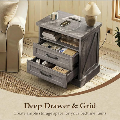 AODK Farmhouse Nightstand with Charging Station, 24 Inch Large Bedside Table with 2 Drawers, Rustic Wood End Table with Outlet and USB for Bedroom, Oak Grey