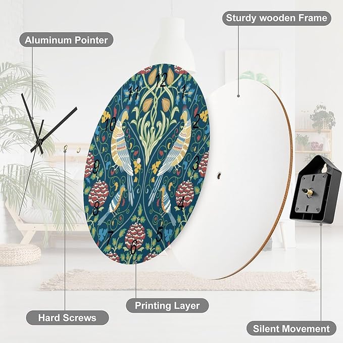 William Morris Wall Clock, Vintage Rustic Art Botanical Floral Bird Wall Clocks Battery Operated Silent Non Ticking Round Wooden Clocks for Kitchen Bathroom Living Room 12 Inch