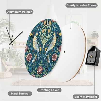 William Morris Wall Clock, Vintage Rustic Art Botanical Floral Bird Wall Clocks Battery Operated Silent Non Ticking Round Wooden Clocks for Kitchen Bathroom Living Room 12 Inch