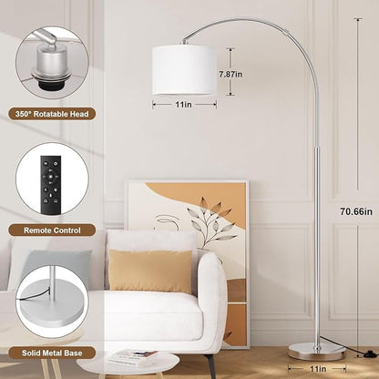 Ambimall Dimmable Arc Floor Lamp with Remote, Color Temperatures and Brightness Adjustable, Arched Floor Lamp with Rotating Head, Over Couch Arched Reading Light for Living Room (White and Silver)
