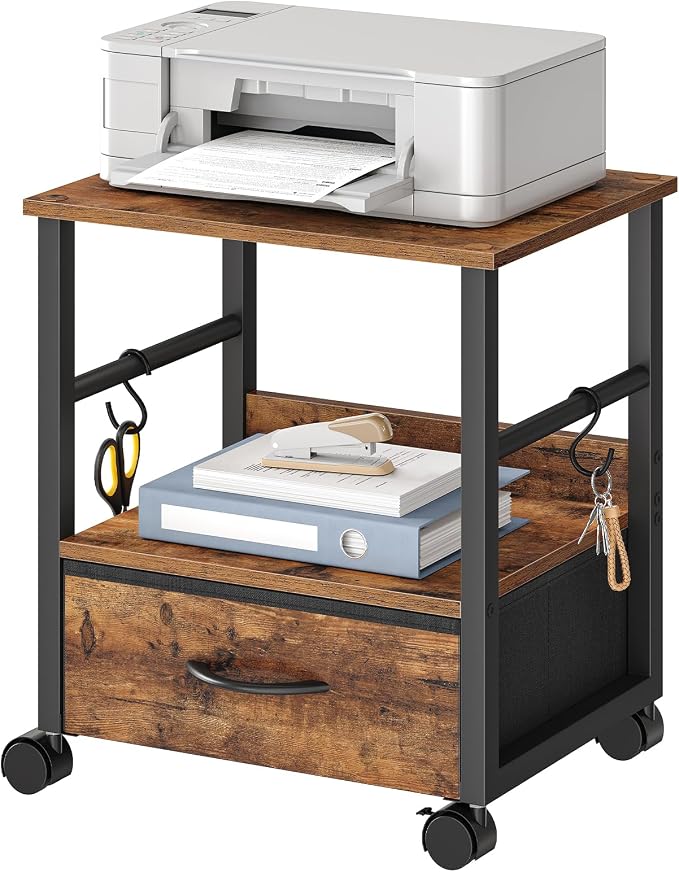 HOOBRO 2-Tier Printer Stand, Under Desk Printer Table with Drawer, Printer Cart with Storage, with Casters/Adjustable Feet, for Home Office, Study, Living Room, Rustic Brown and Black, BF20PS01