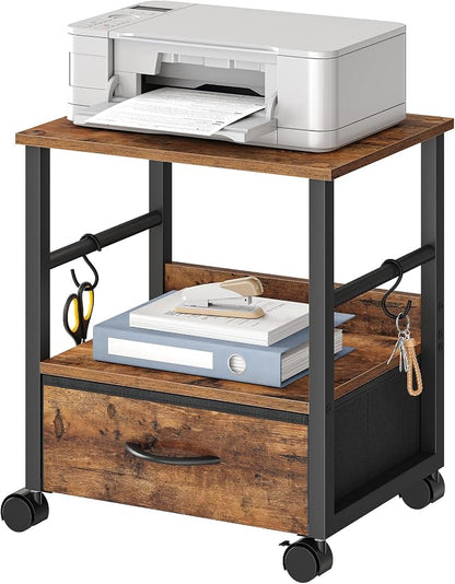 HOOBRO 2-Tier Printer Stand, Under Desk Printer Table with Drawer, Printer Cart with Storage, with Casters/Adjustable Feet, for Home Office, Study, Living Room, Rustic Brown and Black, BF20PS01