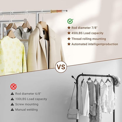 TigerParty Double Rods Clothes Rack for Hanging Clothes, Heavy Duty Sturdy Stainless Steel Clothing Rack, Rolling Garment Rack with Wheels for Bedroom Laundry Living Room