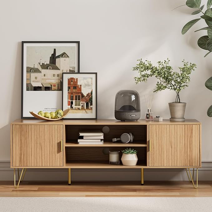 TV Stand for 55-65 Inch TV, Entertainment Center with Soft Hinge Door,TV Console Table with 2 Cabinets with Gold Handle and Feet,for Living Room, Bedroom, Oak