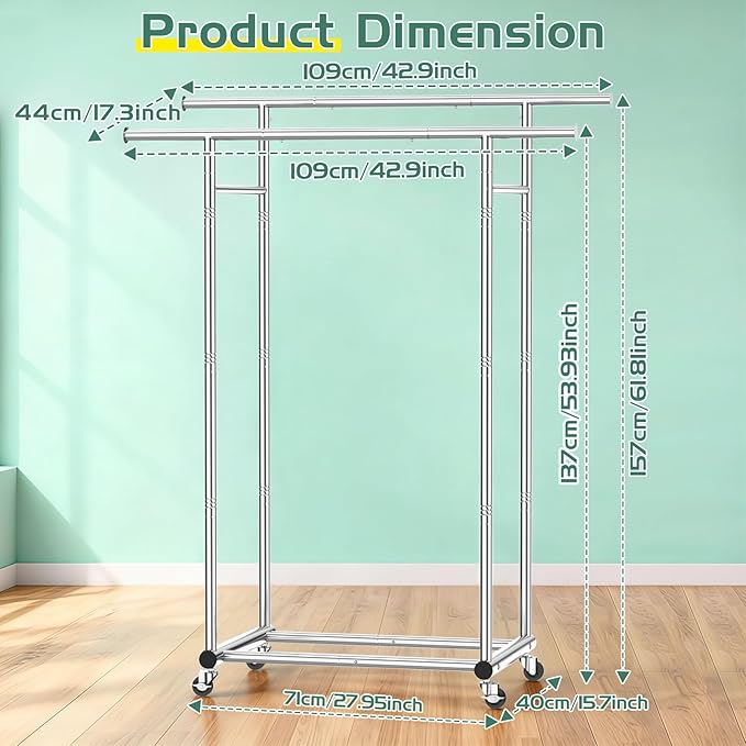 Double Rods Clothing Rack for Hanging Clothes, 100% Stainless Steel Clothes Rack, Portable Sturdy Clothes Rack with Wheels, Easy Installation Rolling Coat Rack, Freestanding for Home Conmercial Store