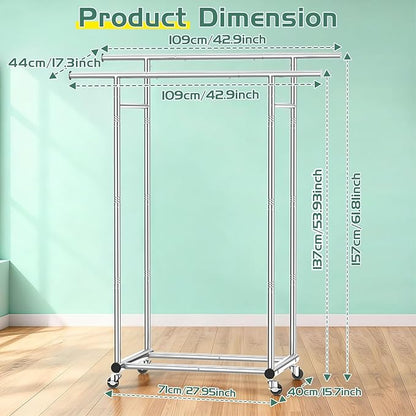 Double Rods Clothing Rack for Hanging Clothes, 100% Stainless Steel Clothes Rack, Portable Sturdy Clothes Rack with Wheels, Easy Installation Rolling Coat Rack, Freestanding for Home Conmercial Store