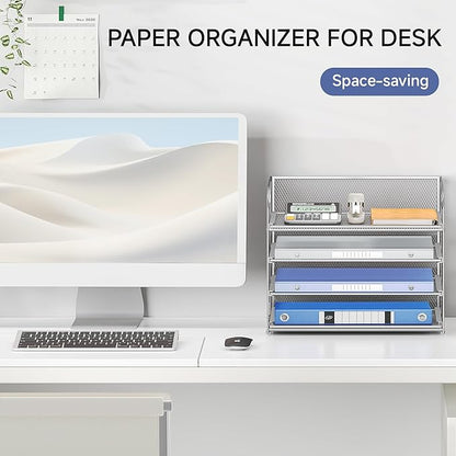 Lavatino 4-Tier Paper Organizer Trays - Silver Mesh File Folder Sorter with Handles, Desk Letter Holder Organizer for Office, Home, School Supplies Storage & Organization