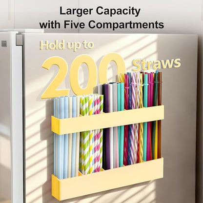Straw Holder for Cabinet Door, 9.6” Adjustable Two-Part Large Acrylic Straws Organizer with Ultra Sticky Adhesive Strips, 2025 Reusable Straw Storage for Kitchen Cupboard (Milky Yellow)