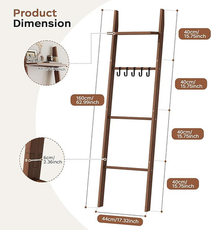 63" Bamboo Blanket Ladder with Shelf and 5 Hooks, 4 Tier Leaning Blanket Rack, Farmhouse Towel Ladder Rack, Decorative Quilt Rack Holder for Living Room Bedroom Bathroom, Walnut