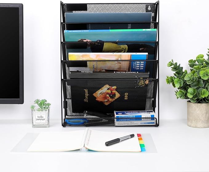 EasyPAG Mesh Wall File Organizer 5 Tier Letter-Sized Assemble Desk/Wall Mount File Holder Mail Organizer for Office Home and Classroom, 2 Pack Black