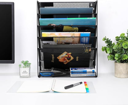 EasyPAG Mesh Wall File Organizer 5 Tier Letter-Sized Assemble Desk/Wall Mount File Holder Mail Organizer for Office Home and Classroom, 2 Pack Black