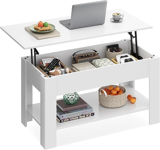 WLIVE Coffee Table, 39" Lift Top Coffee Table with Hidden Compartment, Storage Shelf and Lifting Top for Home Living Room, Office and Reception Room, White