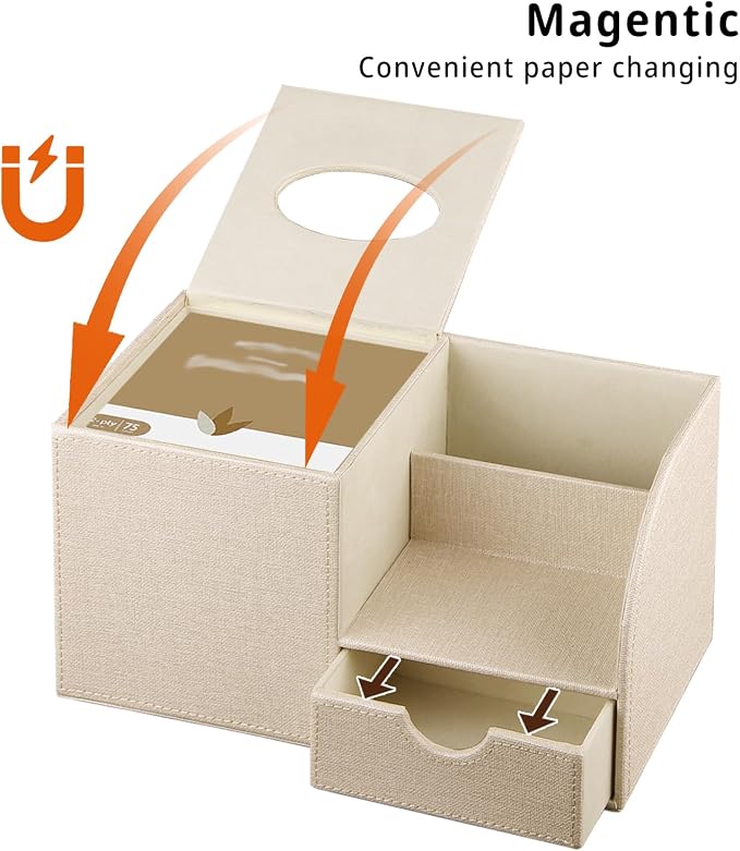 Nightstand Organizer with Tissue Holder,PU Leather Square Tissue Box Cover,Modern Facial Paper Organizer Storage Box for Remote Control,Bathroom,Vanity Countertop,End Table Home Office.Beige