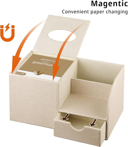 Nightstand Organizer with Tissue Holder,PU Leather Square Tissue Box Cover,Modern Facial Paper Organizer Storage Box for Remote Control,Bathroom,Vanity Countertop,End Table Home Office.Beige