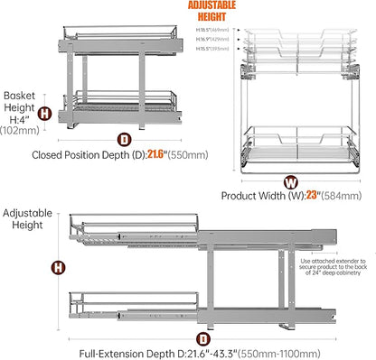 JOWBOOW (23" W x 22" D Cabinet Pull Out Shelves, 2-Tier | Heavy Duty Kitchen Pull Out Shelves for Wide Cabinets, 22 Inch Deep Sliding Cabinet Organizer