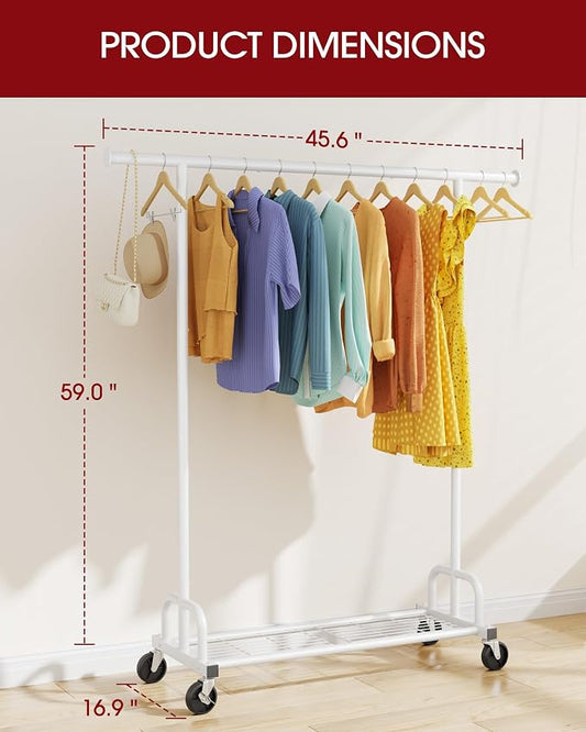 Sakugi Clothes Rack - Large-Capacity Clothing Racks for Hanging Clothes with Lockable Wheels, Space-Saving Metal Coat Rack for Bedroom, Laundry Room, Entryway, 45.6" x 16.9" x 59", White