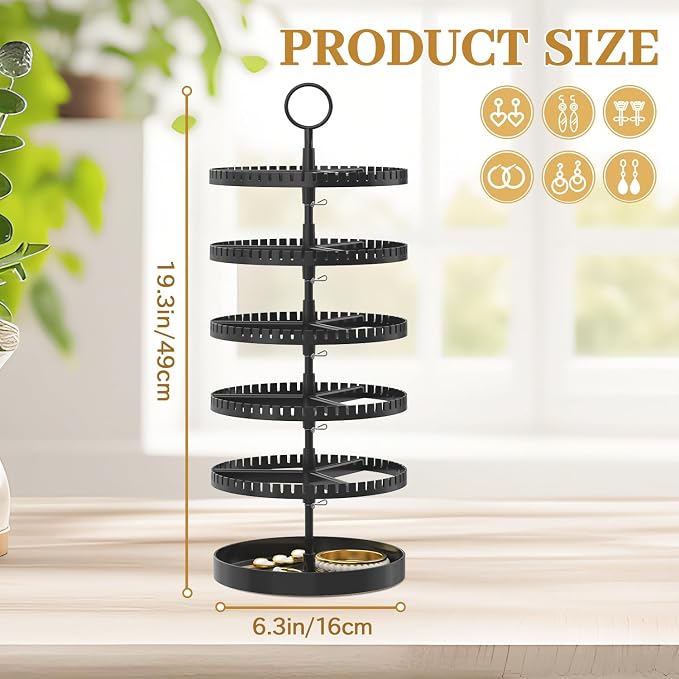 MODOWEY 5 Tier Rotating Earring Holder Organizer Display Tree with Metal Tray, Adjustable Plastic Stand with 285 Slots for Stud Hoop Hanger, Large Capacity Storage Rack for Women Space Saving, Black