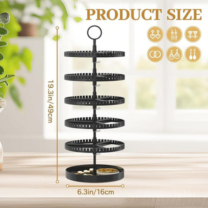 MODOWEY 5 Tier Rotating Earring Holder Organizer Display Tree with Metal Tray, Adjustable Plastic Stand with 285 Slots for Stud Hoop Hanger, Large Capacity Storage Rack for Women Space Saving, Black