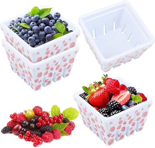 Yiksonyo 4 Pack Ceramic Berry Basket, 4.1 Inches Square Ceramic Fruit Bowls with Draining Holes, White Rustic Stoneware Berry Bowls for Strawberries, Grapes, Cherries & More