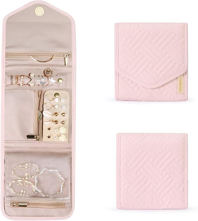 BAGSMART Travel Jewelry Organizer Case Foldable Jewelry Roll for Journey Rings, Necklaces, Earrings, Bracelets,Mini,Light Pink