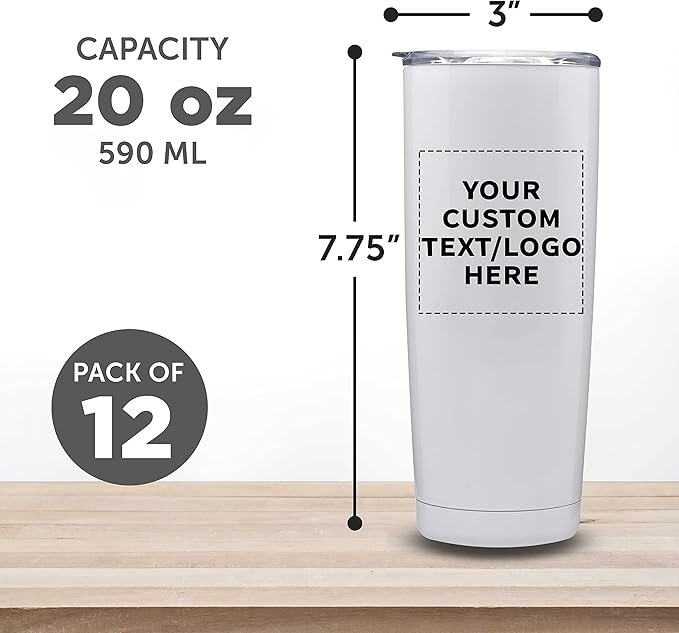 Custom Pipette Stainless Steel Coffee Tumblers 20 oz. Set of 12, Personalized Bulk Pack - Double Wall, Perfect for Coffee, Hot Cocoa, Other Hot & Cold Beverages - White