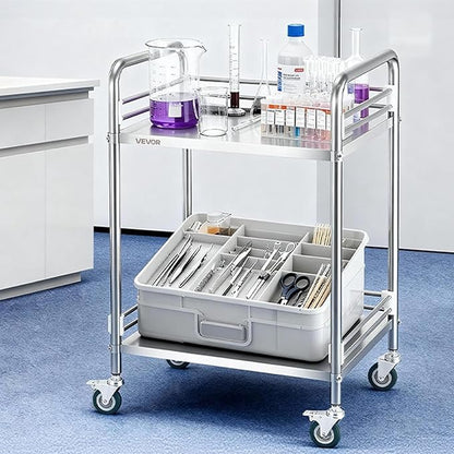 VEVOR Stainless Steel Rolling Cart, 2-Tier Metal Utility Cart with Lockable Wheels, Medical Serving Trolley Clinic Tray, Mobile Service Cart for Hospital, Lab, Restaurant, Kitchen, Salon