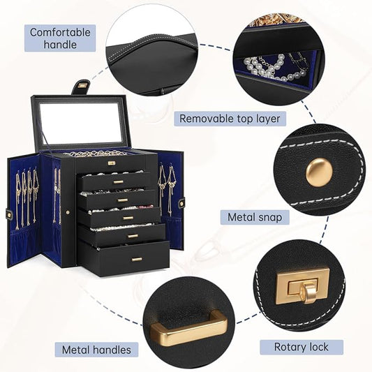 AKOZLIN 6-Tier Jewelry Box Organizer Functional 5 Drawers Leather Jewelry Storage Case for Women Girls Ring Necklace Earring Bracelet Holder Organizer with Mirror Extra Large BlackBlue