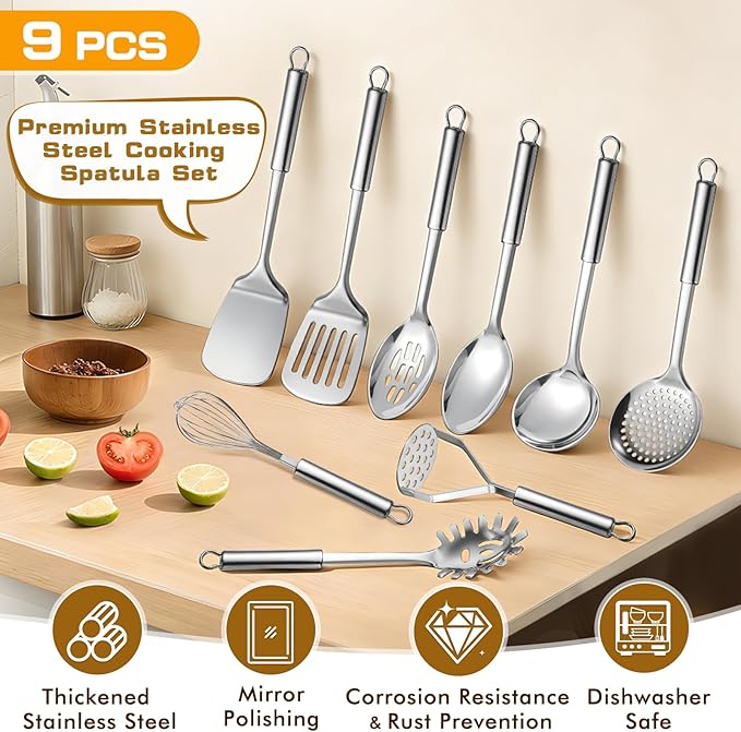 9 Pcs Cooking Utensils Set, Stainless Steel Kitchen Utensils, Heat Resistant Metal Kitchen Tools Include Solid & Slotted Spatula, Serving Spoon, Ladle, Pasta Server,Potato Maseher, Egg Whisk, Silver
