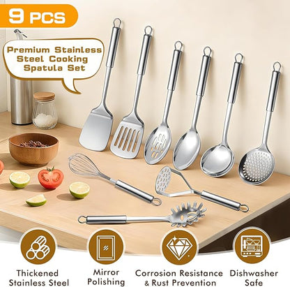 9 Pcs Cooking Utensils Set, Stainless Steel Kitchen Utensils, Heat Resistant Metal Kitchen Tools Include Solid & Slotted Spatula, Serving Spoon, Ladle, Pasta Server,Potato Maseher, Egg Whisk, Silver