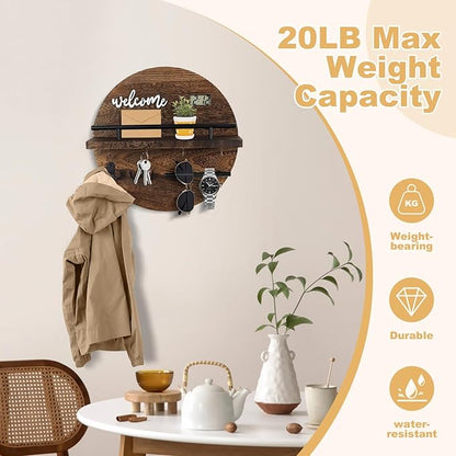 Key Holder for Wall, Key and Mail Holder Organizer with - Key Holder Wall Mount - Round Wooden Rustic Home Decor for Entryway, Mudroom, Hallway, Kitchen Office (Brown)